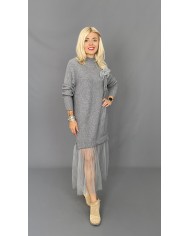 Sukienka tunika sweter tiul szary A042