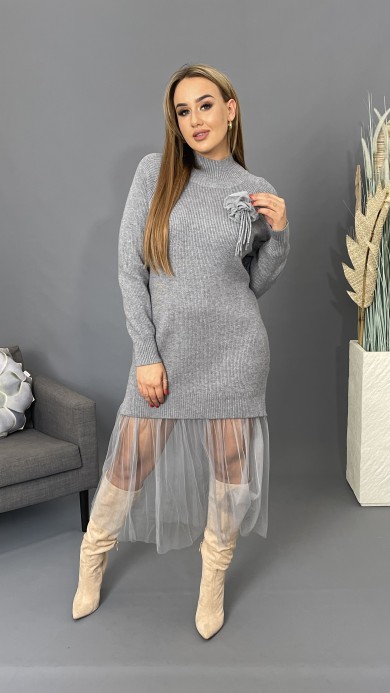 Sukienka tunika sweter tiul szary A042