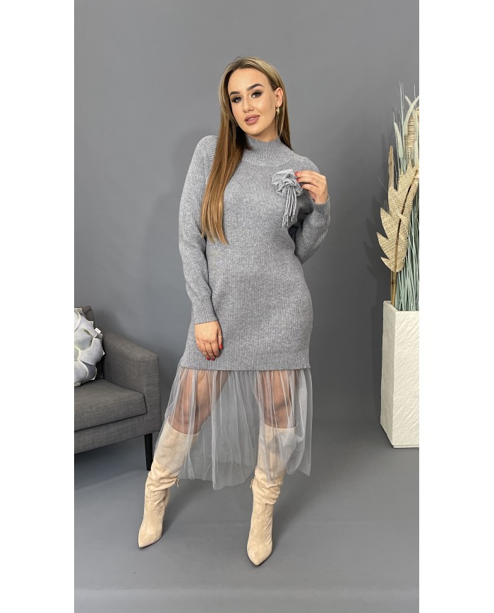 Sukienka tunika sweter tiul szary A042